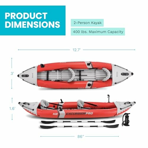 Illustration of a 2-person kayak with dimensions and capacity.