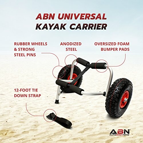 ABN Universal Kayak Carrier with rubber wheels, anodized steel, oversized foam pads, and tie down strap.