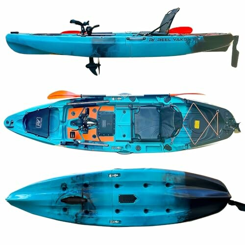 Blue fishing kayak with paddle and seating.