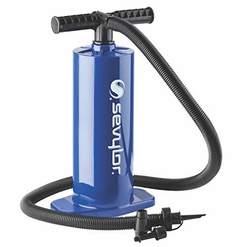 Blue hand pump with attached hose and nozzles