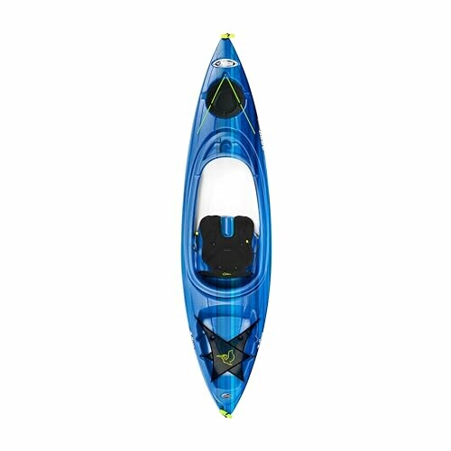 Top view of a blue kayak with seat and storage areas.