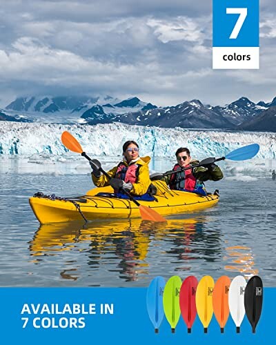 Two people kayaking with colorful paddles in icy waters.