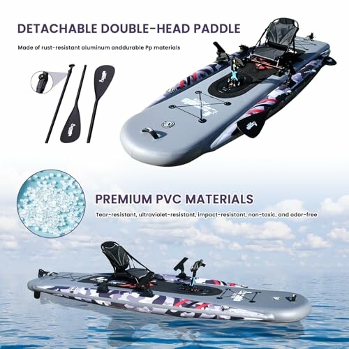 Inflatable paddle board with detachable double-head paddle and premium PVC materials.