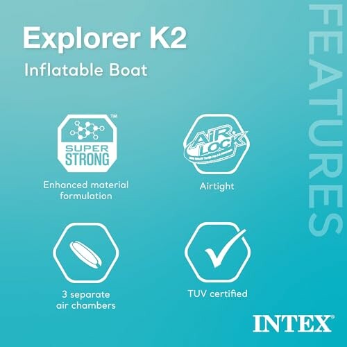 Explorer K2 inflatable boat features with super strong material, airtight, 3 air chambers, TUV certified.