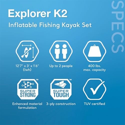 Explorer K2 inflatable fishing kayak specifications and features.