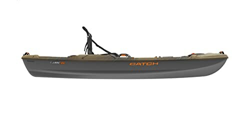 Side view of a fishing kayak with seat and paddle straps.