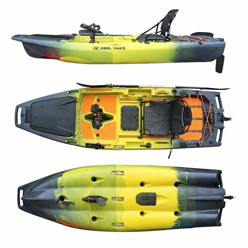 Three views of a fishing kayak in yellow and black with seat and storage areas.