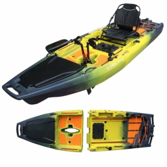 Fishing kayak with paddle and seat.