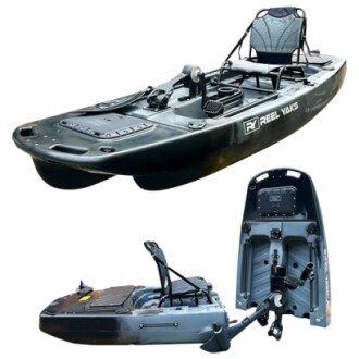 Fishing kayak with pedal drive system and comfortable seat.