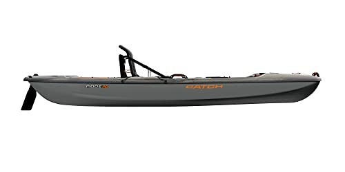 Side view of a gray fishing kayak with orange accents.