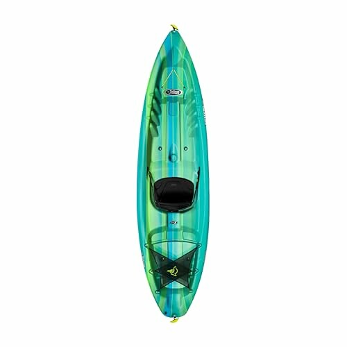 Top view of a green and blue kayak with a seat and storage area.