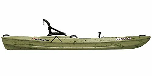 Side view of a green fishing kayak with seat.