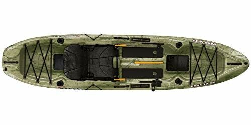 Top view of a green fishing kayak with seat and storage spaces.