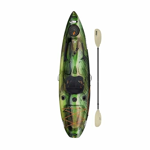 Top view of a green kayak with a paddle.