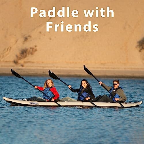 Three people kayaking together on a sunny day with 'Paddle with Friends' text.