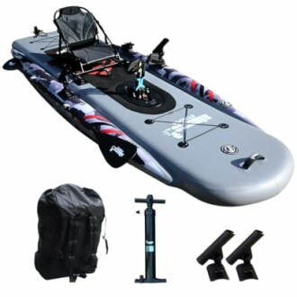 Inflatable fishing paddleboard with accessories including a backpack, pump, and rod holders.