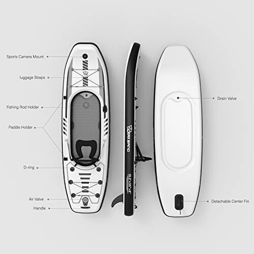 Inflatable fishing paddleboard with accessories and features labeled.