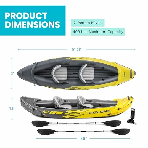 Dimensions of a 2-person inflatable kayak with paddles.
