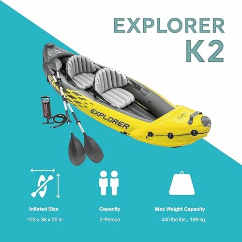 Inflatable Explorer K2 kayak with paddles and pump, 2-person capacity.