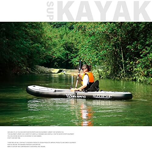 Person kayaking on a river with lush greenery around.