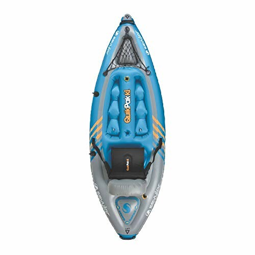 Top view of an inflatable kayak with blue and gray design.