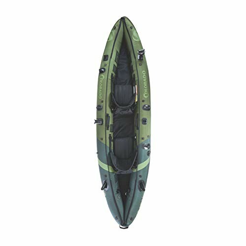 Top view of a green inflatable kayak with two seats.