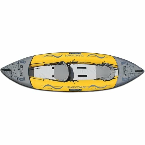 Top view of an inflatable kayak with yellow and gray colors.