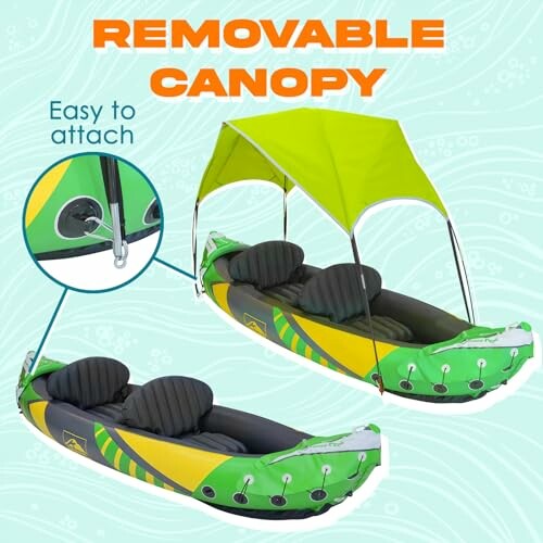 Inflatable kayak with removable canopy and easy attachment feature.