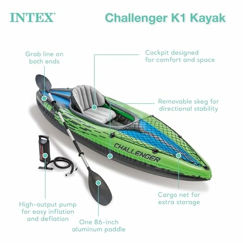 Intex Challenger K1 Kayak with paddle and pump, featuring cockpit, skeg, and cargo net.