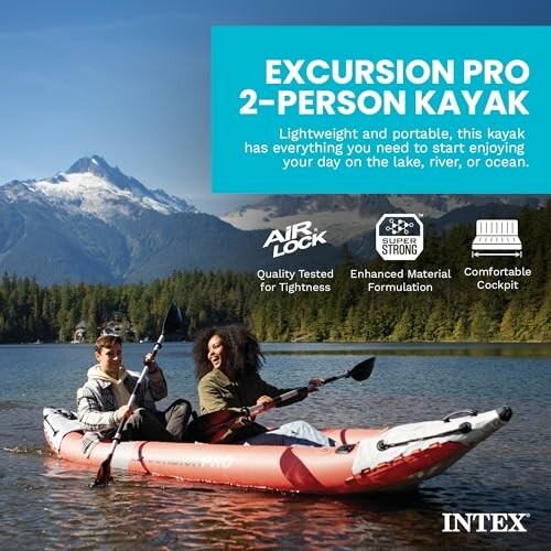 Two people kayaking on a lake with mountains in the background, promoting Intex Excursion Pro 2-person kayak.