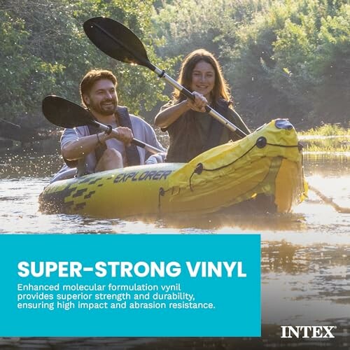 Two people kayaking in a yellow inflatable kayak on a calm river.