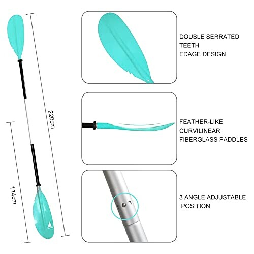 Kayak paddle with double serrated teeth edge, feather-like fiberglass paddles, and 3 angle adjustable position.