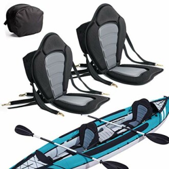 Two kayak seats, paddles, and a black bag.