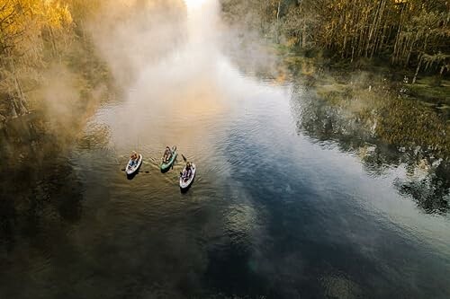 Aerial view of kayakers paddling on a misty river surrounded by trees.