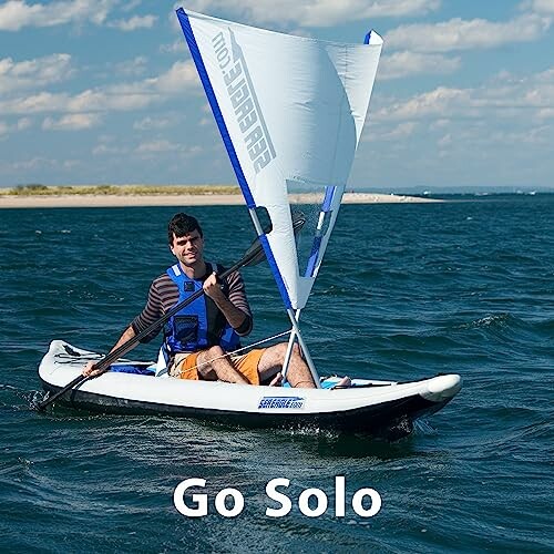 Man sailing a kayak with a small sail on open water