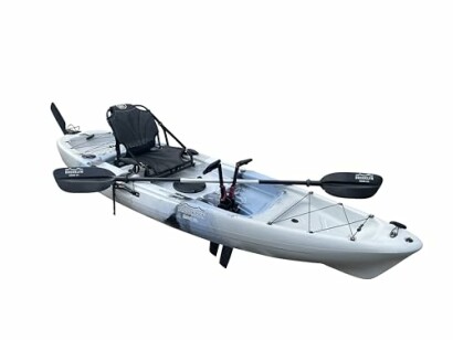 Sit-on-top fishing kayak with paddle and seat.