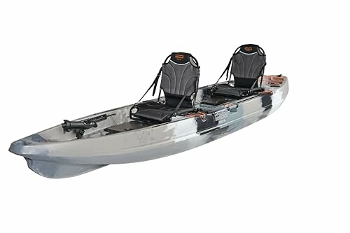 Two-seat fishing kayak with mounted seats.