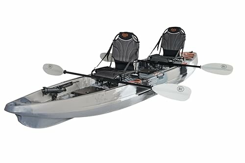 Tandem fishing kayak with two seats and paddles