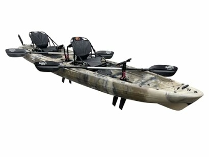 Tandem fishing kayak with two seats and oars