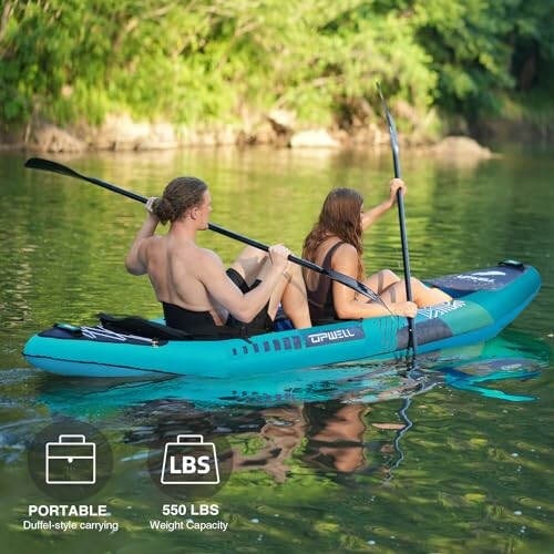 Two people kayaking on a river in an inflatable kayak