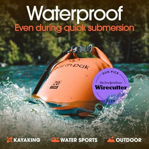 Waterproof bag floating in water with text highlighting features for kayaking and water sports.