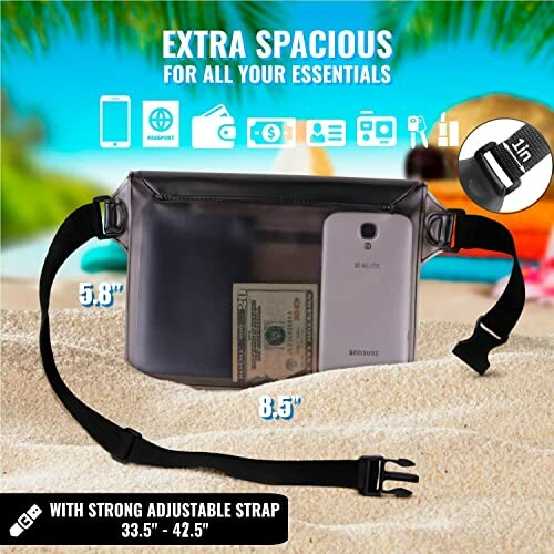 Waterproof fanny pack with phone and money, adjustable strap, beach setting.