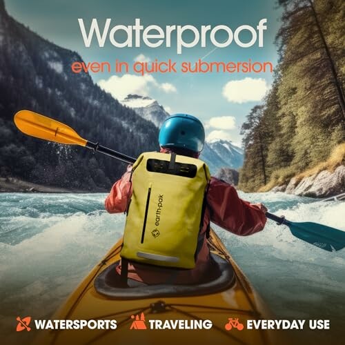 Person kayaking with a waterproof backpack on a river