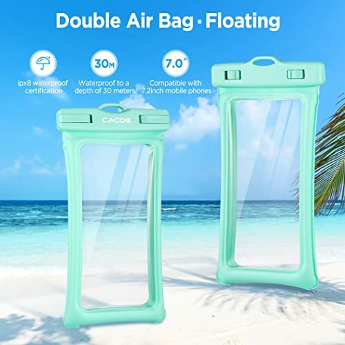 Waterproof phone case with double air bag feature on a beach.