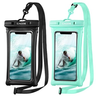 Two waterproof phone pouches with lanyards, displaying a surfing image on the screens.