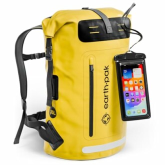 Yellow waterproof backpack with phone case attached.